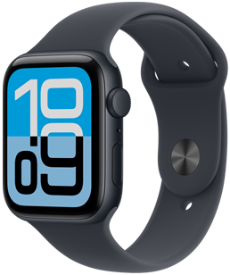 Apple Watch SE 3, casing aluminium, warna biru temaram, wajah jam Fluks, eksterior sisi kanan, Digital Crown, mikrofon, tombol samping, Tali Jam Sport Biru Temaram, pengait pasang dan selipkan (pin-and-tuck) warna biru temaram