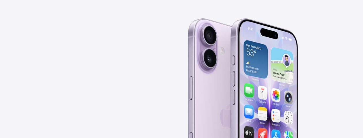 iPhone 17 in lavender finish, front exterior with partial home screen displayed, side angle shows - Action and volume buttons. Back exterior shows Dual Fusion Camera System in top left corner, camera control button
