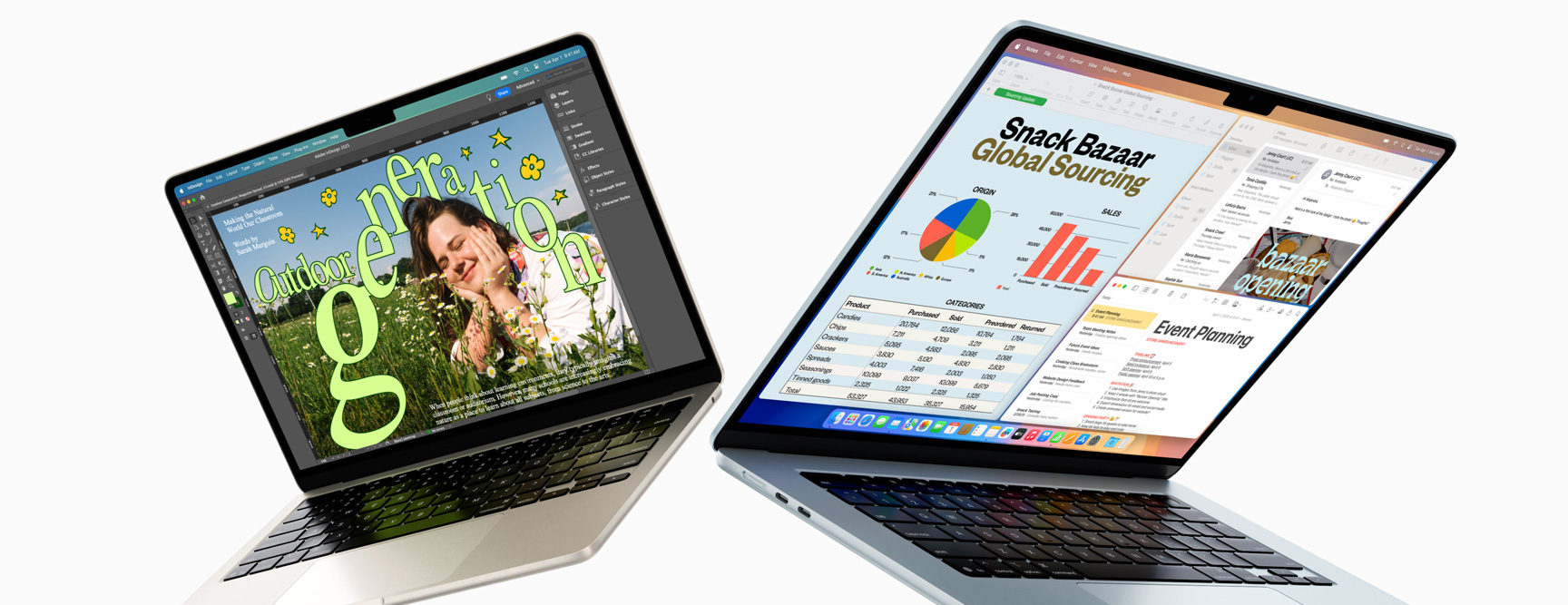 MacBook Air 13 inci dan 15 inci dalam posisi sebagian terbuka — satu layar menampilkan proses desain yang sedang dikerjakan, sementara layar lainnya menunjukkan multitasking antara email dan spreadsheet