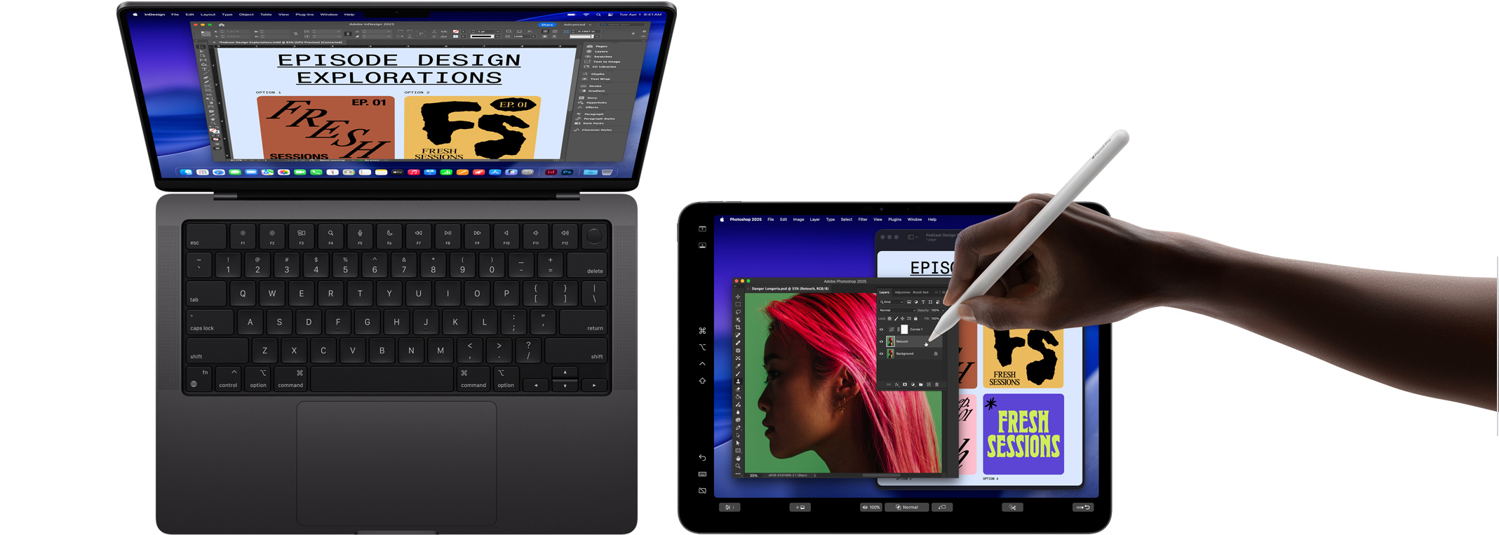 MacBook Pro 14 inci, iPad Pro 13 inci sedang digunakan untuk memperluas layar MacBook, sebuah tangan menggunakan Apple Pencil Pro untuk memanipulasi gambar di iPad