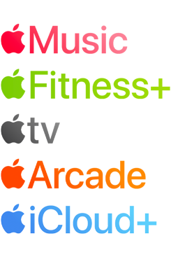 Apple subscription services logotypes including Apple Music, Fitness+, Apple TV, Apple News+, Apple Arcade, iCloud+