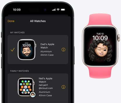 iPhone 17, Watch app, paired Apple Watch SE 3, aluminum case, starlight color, Memoji face, starlight Sport Band