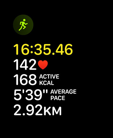 Run workout card, running icon, metrics: time, heart rate, rolling pace, average pace, distance