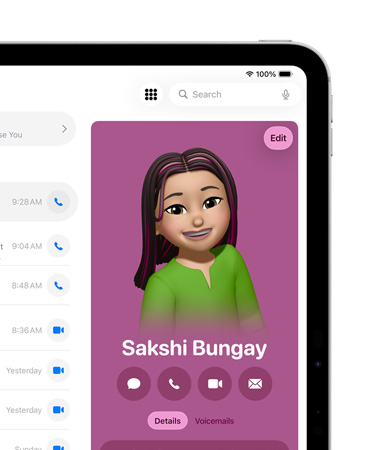 iPad, front right of screen showing a contact card in the Phone app open with options to Message, Call and more