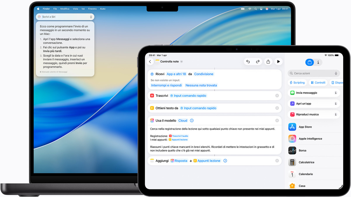 Mac che mostra la funzione Scrivi a Siri; iPad che mostra le creazione di un Comando rapido con Apple Intelligence.
