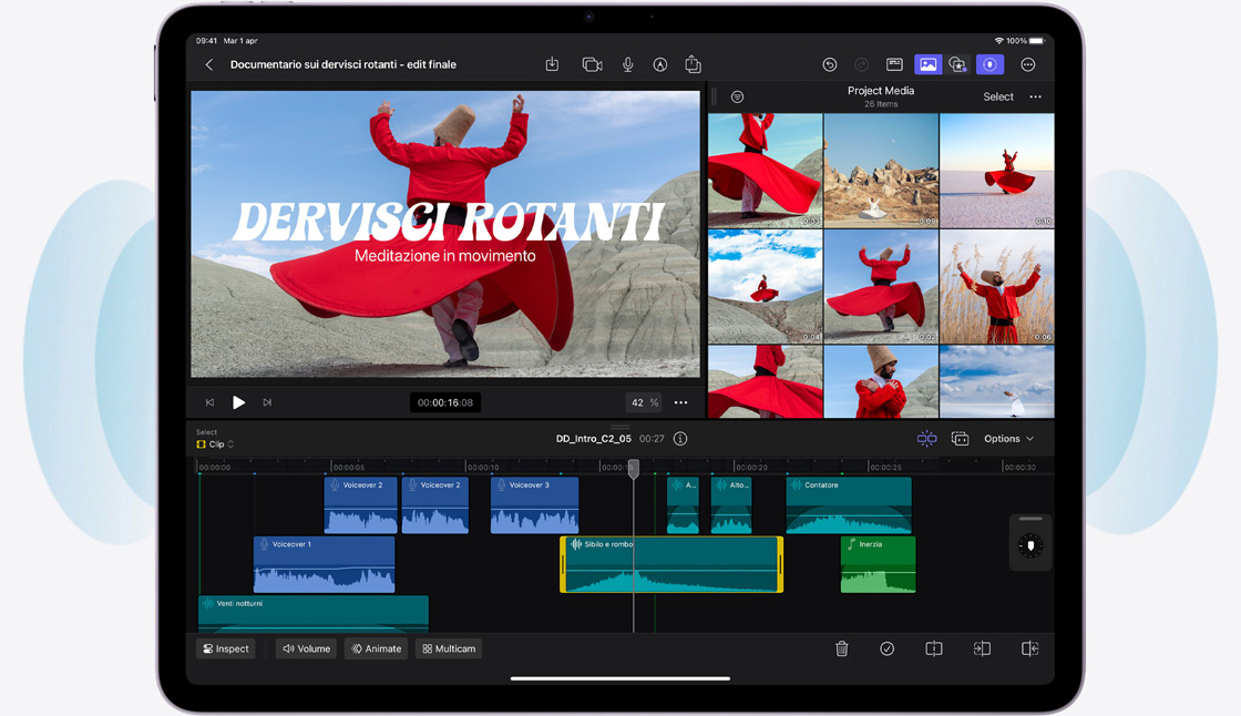 Il display di un iPad Air in orizzontale che mostra le trascrizioni audio in tempo reale nell’app Note
