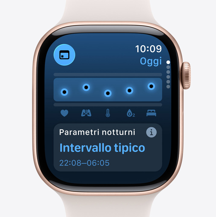 Apple Watch Series 11, cassa in alluminio color oro rosa, app Parametri Vitali, grafico con riepilogo dei dati sanitari, notifica parametri vitali notturni