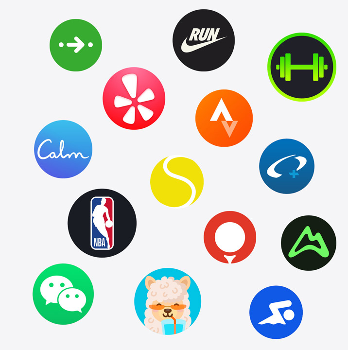 Icone di app per Apple Watch: ChargePoint, Yelp, Nike Run Club, SmartGym, Calm, NBA, SwingVision, Oceanic+, WeChat, Waterllama, Golfshot, JetBlue, AllTrails