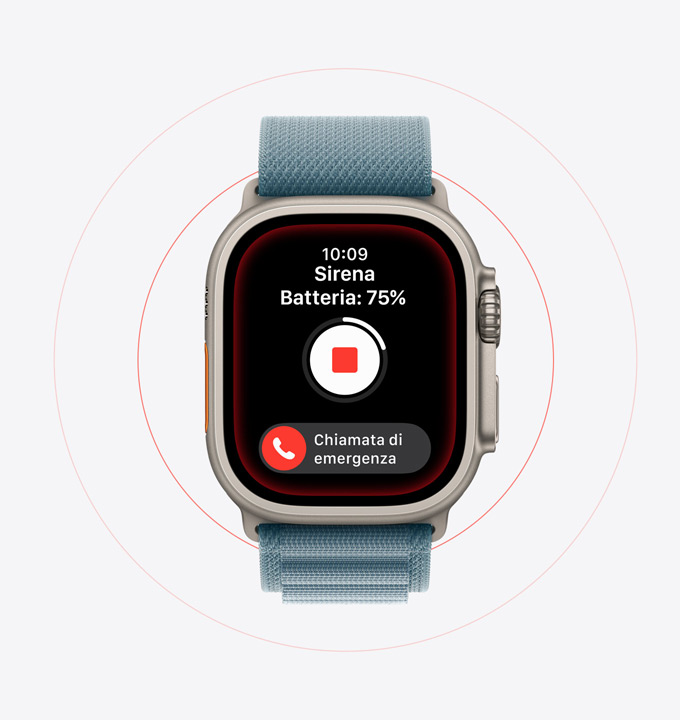 Apple Watch Ultra 3, casa in titanio naturale, sirena attivata, pulsante chiamata di emergenza