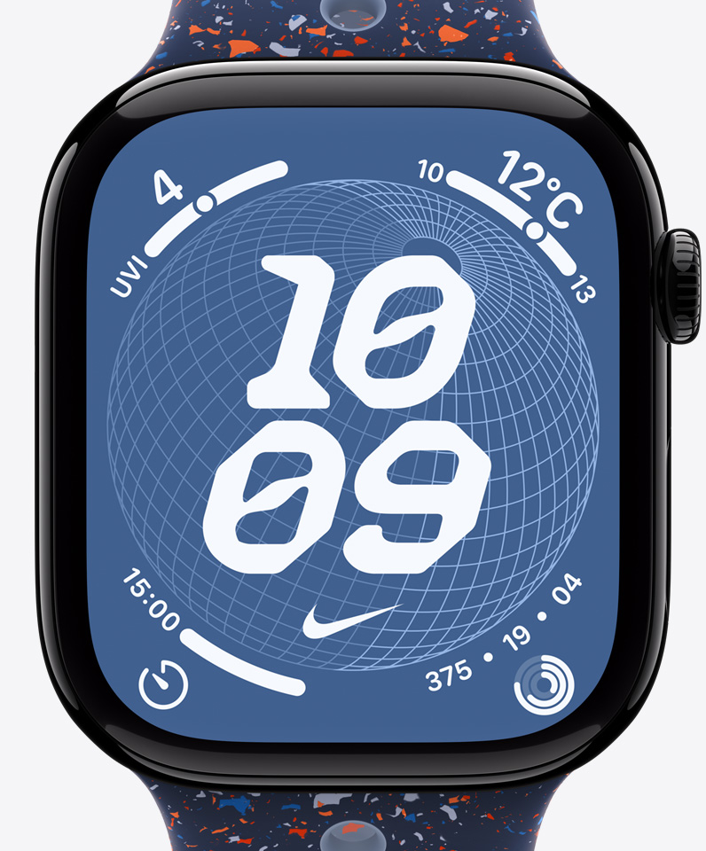 Nikeグローブの文字盤、時刻、Nikeのスウッシュ、コンプリケーション：UV指数、天気、タイマー、アクティビティリング