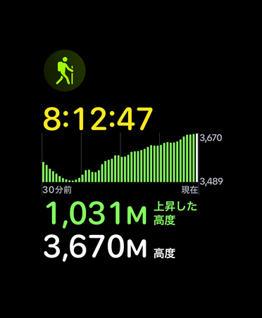 ハイキングワークアウトカード。測定した時間と高度が表示されている