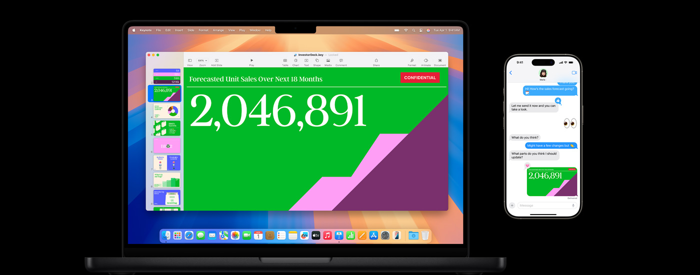 Macの画面に表示されているプレゼンテーションと、そのプレゼンテーションに関連するメッセージのやり取り。