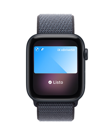 Apple Watch SE 3, caja de aluminio, color medianoche, Apple Pay en Apple Wallet, parte lateral derecha, Digital Crown, correa loop deportiva, azul ancla