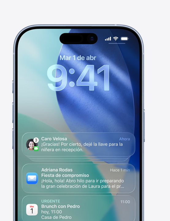 Pantalla de un iPhone que muestra una notificación de Mensajes, una notificación de Mail, una notificación de Calendario
