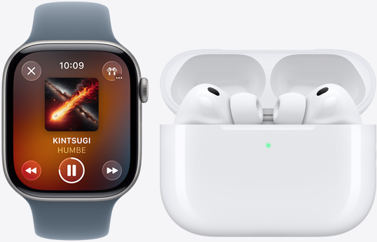 Apple Watch Series 11, app Apple Music, Ahora Suena, AirPods Pro 3, blancos, audífonos, almohadillas de silicón, micrófono, estuche de carga MagSafe, abierto, esquinas redondeadas