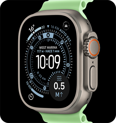 Apple Watch Ultra 3, color natural, caja de titanio, carátula Orientación, complicaciones: clima, Actividad, Satélite, Brújula, parte lateral derecha, Digital Crown, micrófono, botón lateral, correa Ocean, verde neón