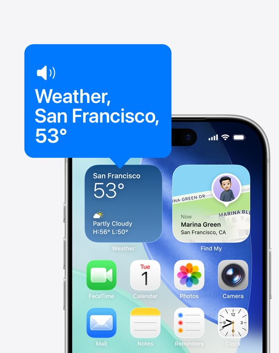iPhone home screen, icon of weather widget being read aloud with VoiceOver
