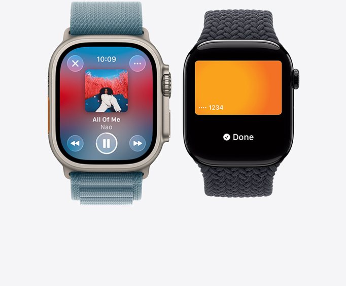 Apple Watch Ultra 3, titanium case, natural color, Apple Music app, now playing screen, Apple Watch Series 11,  aluminum case, polished jet black color, Apple Pay screen, Apple Card