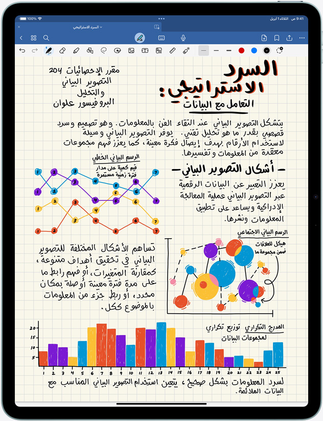 iPad Air في الوضع الأفقي ويظهر على الشاشة ملاحظات وصور