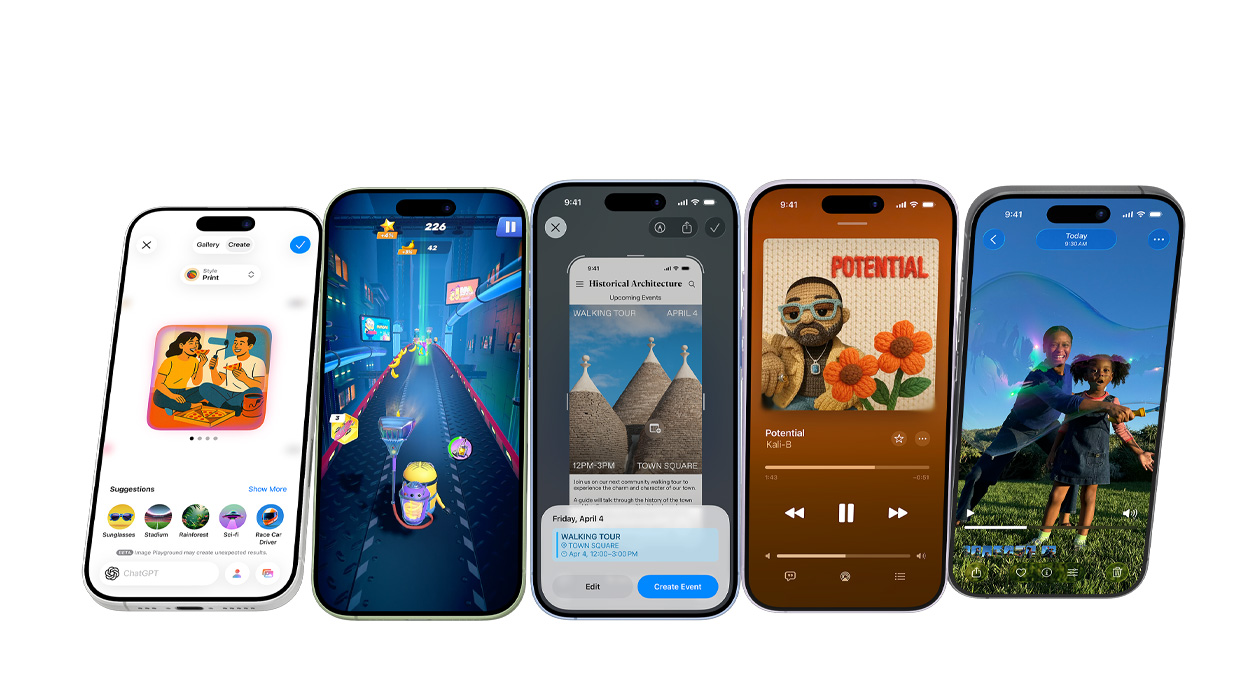 iPhone 17 devices in different colors, screens showing various apps