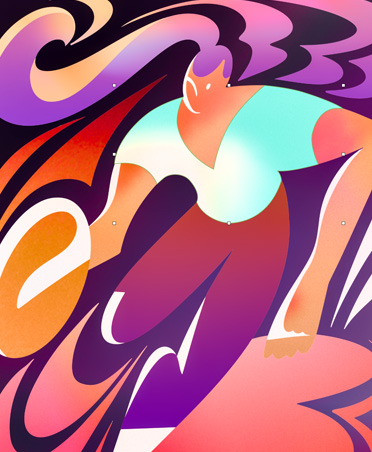 Highly stylized and colorful illustration of woman playing basketball