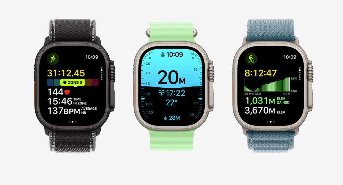 Apple Watch Ultra 3, Workout app screens: running, scuba, hiking
