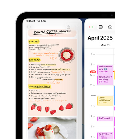 iPad, landscape orientation, top left screen shows Notes app and Calendar, arranged side by side, as example of window tiling