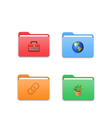 Four File folders in a grid pattern, each one a different colour like red, light blue, orange, green with different icons on it like yogi, globe, URL link symbol and plant.