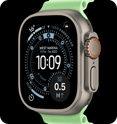 Apple Watch Ultra 3, natural colour, titanium case, Orienteering watch face, complications: weather, parked car location, satellite, and distance to surface, right side exterior, Digital Crown, microphone, side button, Ocean Band, neon green colour