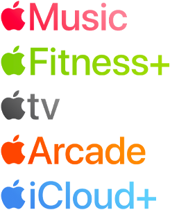 Apple subscription services logotypes including Apple Music, Fitness+, Apple TV+, Apple Arcade, iCloud+
