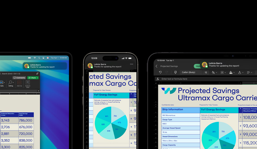 A spreadsheet and text message displayed on a suite of devices, including Apple Watch, iPhone, Mac and iPad.