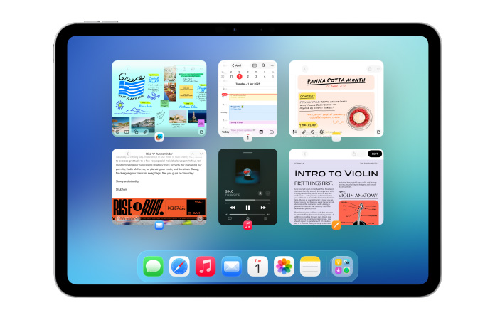 iPad, landscape orientation, shows six windows open in two rows, including Calendar app, Notes app, Apple Music and Safari