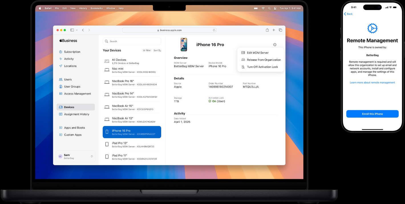 MacBook and iPhone, MacBook screen shows Apple Business Essentials, iPhone screen shows Remote Management within Setup