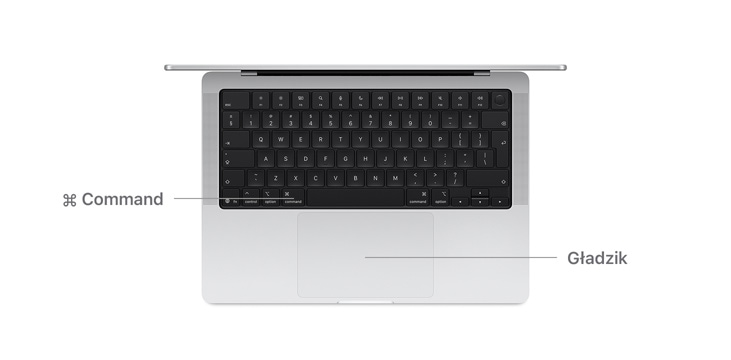 Widoczny od góry MacBook Pro 14″ z liniami wskazującymi położenie klawisza Command i gładzika.
