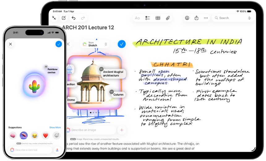 iPhone and iPad showing Genmoji creating a rainbow cactus, and Image Wand turning a sketch into a Mughal pavilion.