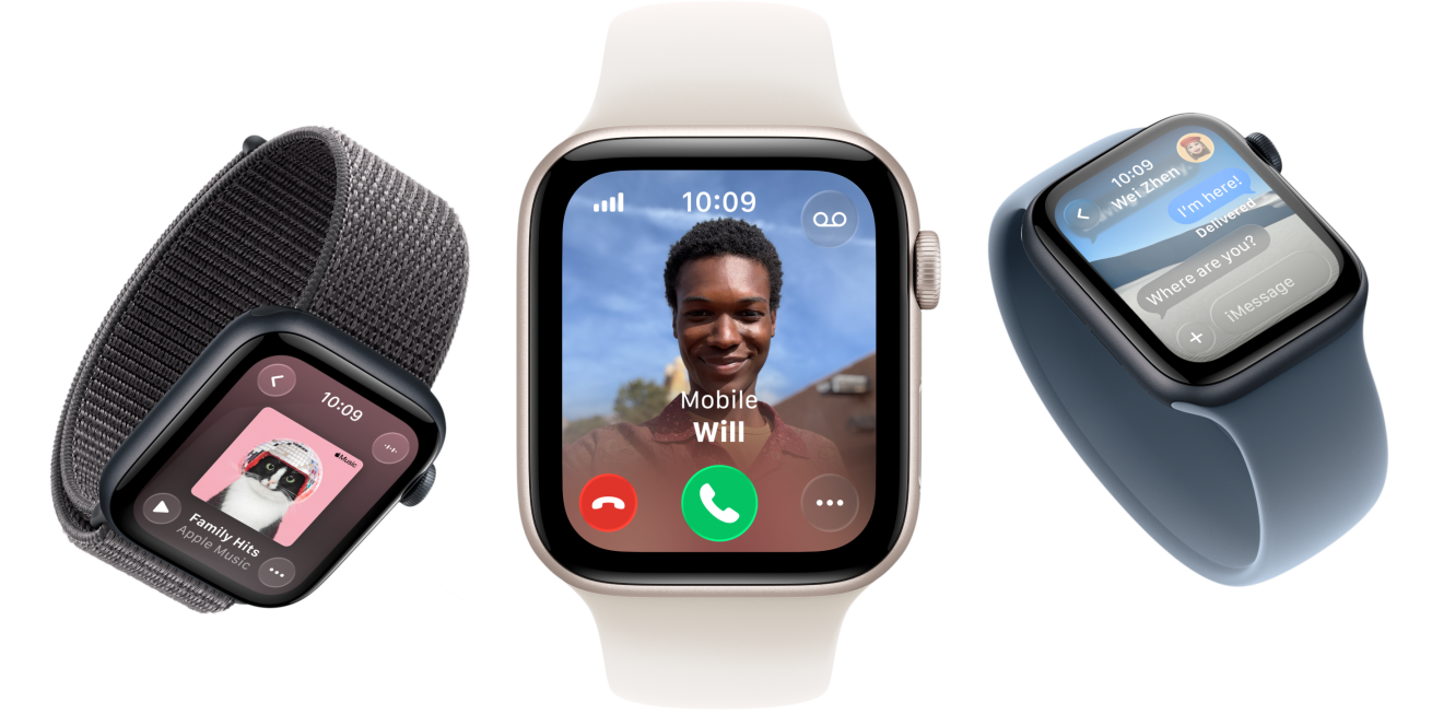 Apple Watch SE 3 devices, aluminum cases, starlight and midnight colors, Sport Loop, dark gray color, Solo Loop, light blush color, Solo Loop, anchor blue color, screens: Apple Music, incoming call, Messages