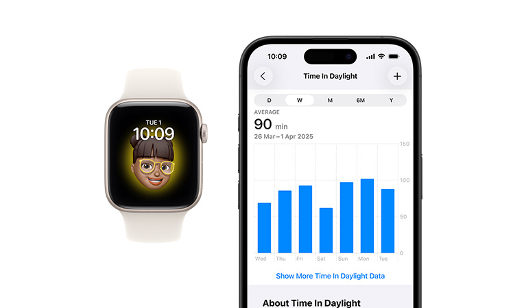 Apple Watch SE 3, aluminum case, starlight color, Memoji watch face, iPhone, health sharing tab with time in Daylight hours