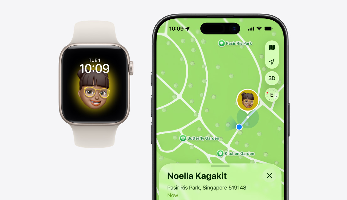 Apple Watch SE 3, child's Memoji on screen, iPhone 17, Find My app, child's location on map