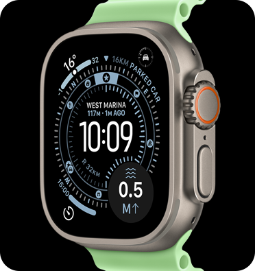 Apple Watch Ultra 3, natural color, titanium case, Orienteering watch face, complications: weather, parked car location, satellite, and distance to surface, right side exterior, Digital Crown, microphone, side button, Ocean Band, neon green color