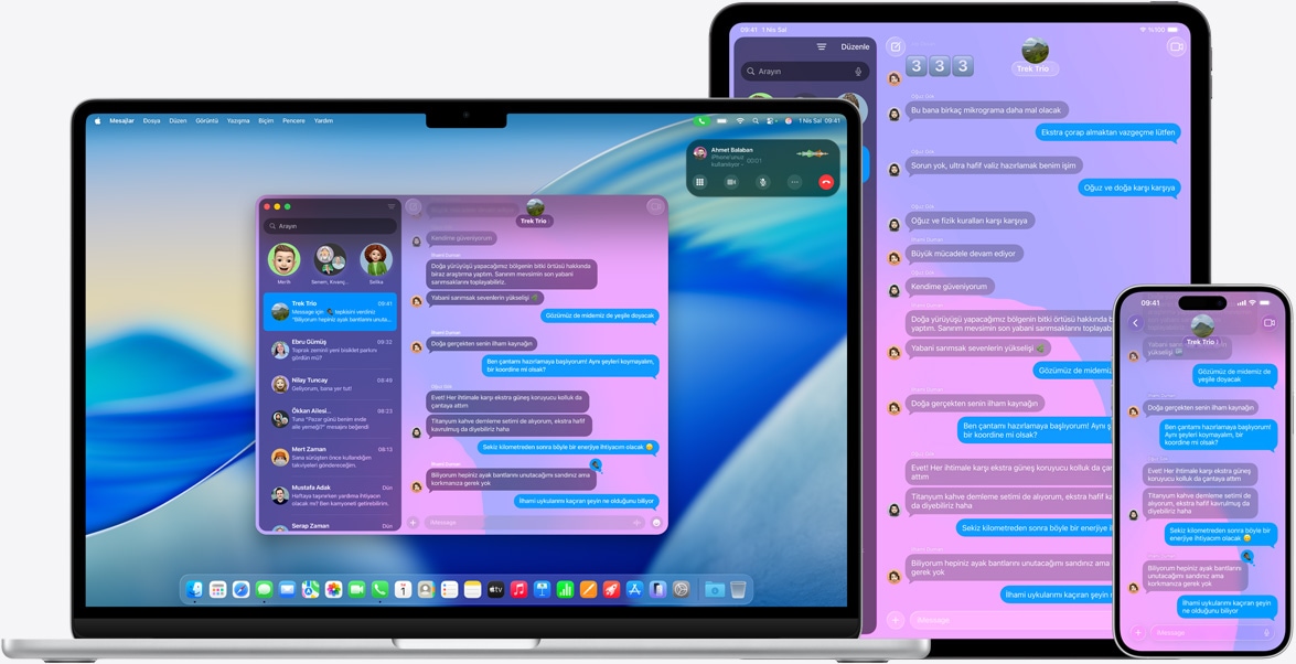 Apple ürünleri: 15 inç MacBook Air, 13 inç iPad Pro ve iPhone 16 Plus, her birinin ekranında aynı iMessage sohbeti gösteriliyor