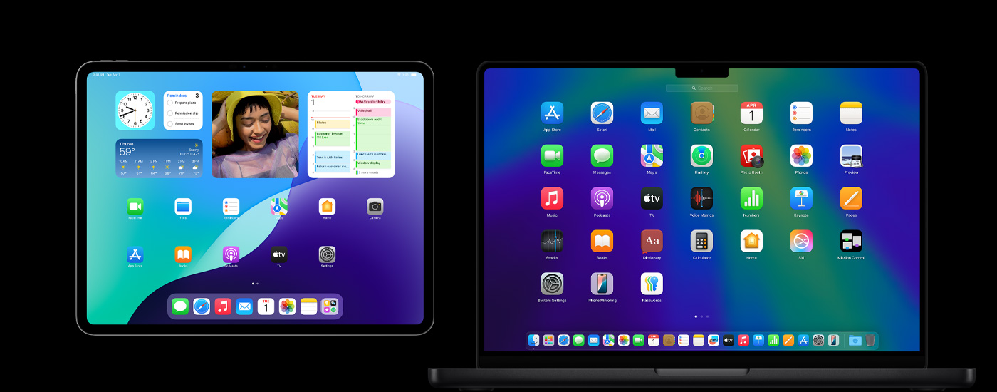 一部 iPad 和一部 Mac 顯示各種 app 圖示。其中 iPad 顯示多個小工具，包括行事曆、天氣和照片。