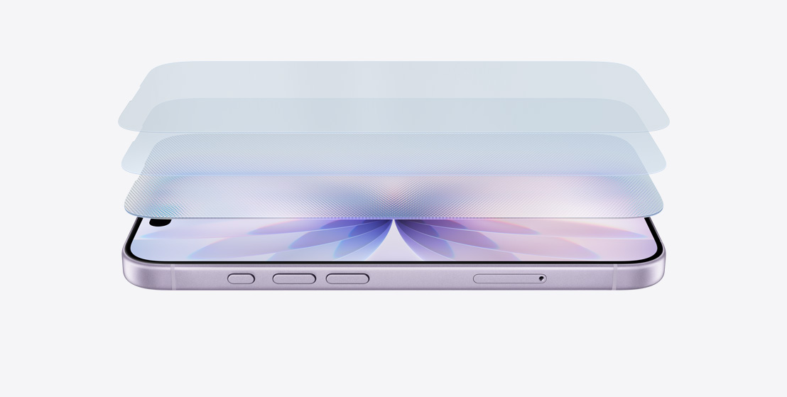 薰衣草紫色 iPhone 17 橫放展示側面，採用層層相疊的設計來展示超瓷晶盾 2