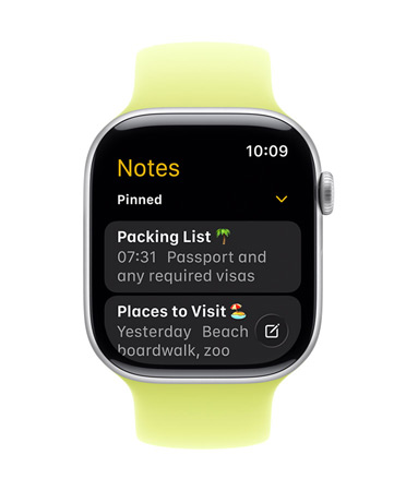 Apple Watch Series 11, face shows Notes app, with two Pinned notes