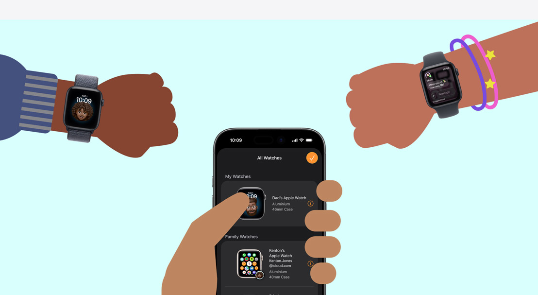 Illustration of two children’s wrists wearing Apple Watch SE 3, adult hand holding an iPhone 17