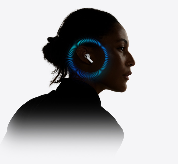 Une personne portant des AirPods Pro 3 avec des ondes sonores autour de son oreille.