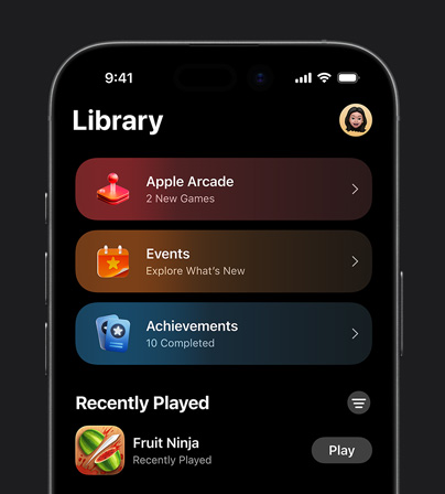 Image de l’écran d’un iPhone 17 Pro affichant l’onglet Bibliothèque dans Apple Games
