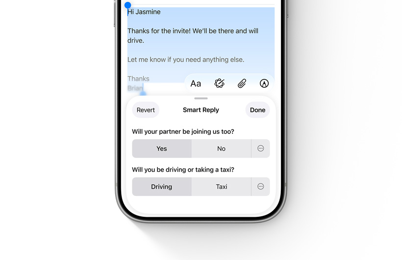 Smart Reply options in the Mail app are shown on an iPhone.