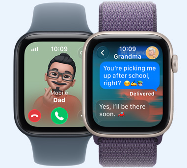 To Apple Watch-enheter. Den ene viser et bilde av at pappa ringer. Den andre viser en melding til bestemor med teksten «Bestemor, vi vant kampen».