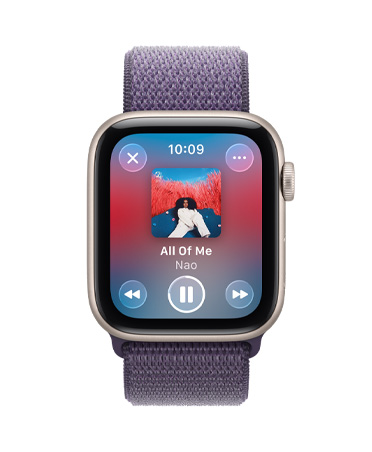 Apple Watch SE 3, carcasă din aluminiu, culoare Strălucire stelară, redare media, Apple Music, partea dreaptă, Digital Crown, curea, brățară Sport, culoare Ceață mov