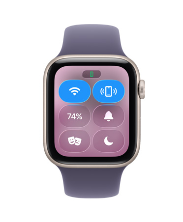Apple Watch SE 3, carcasă din aluminiu, culoare Strălucire stelară, Centrul de control, pictograma Alertare iPhone, partea exterioară dreaptă, Digital Crown, curea Sport, culoare Ceață mov